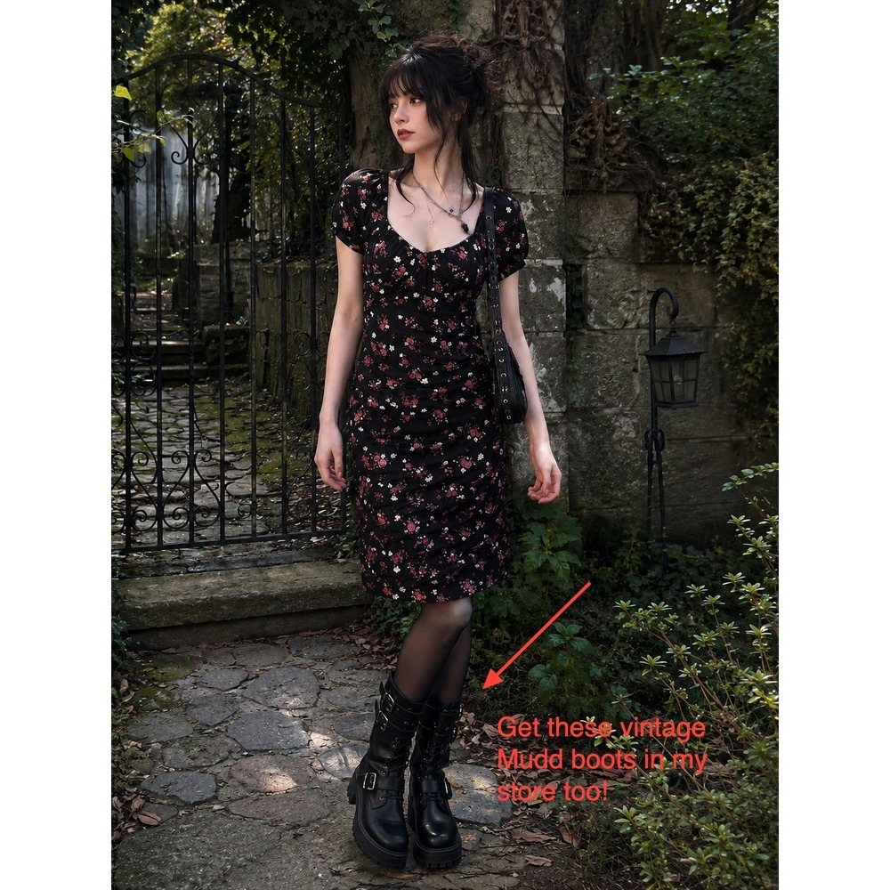 Womens Y2K Babydoll Dark Floral Ruched Mini Dress Medium Whimsigoth Cottagecore